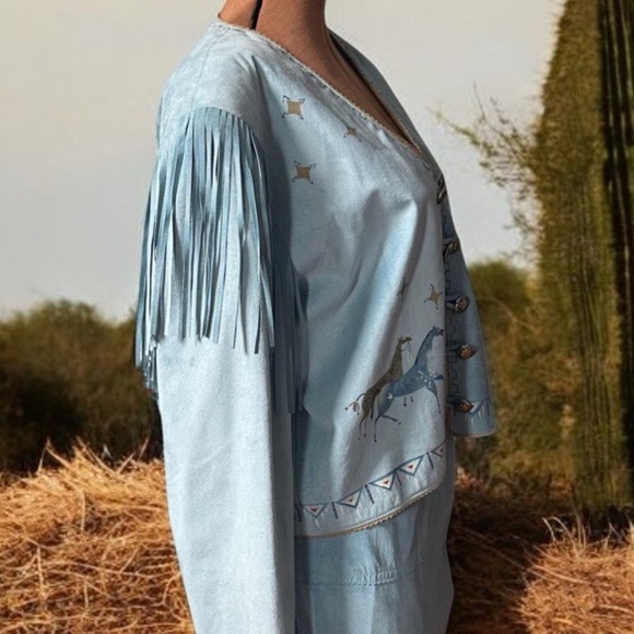 VPatricia Wolf Hand-Painted Suede Fringe Jacket & Skirt Set horses stars S/M EUC - Picture 8 of 13